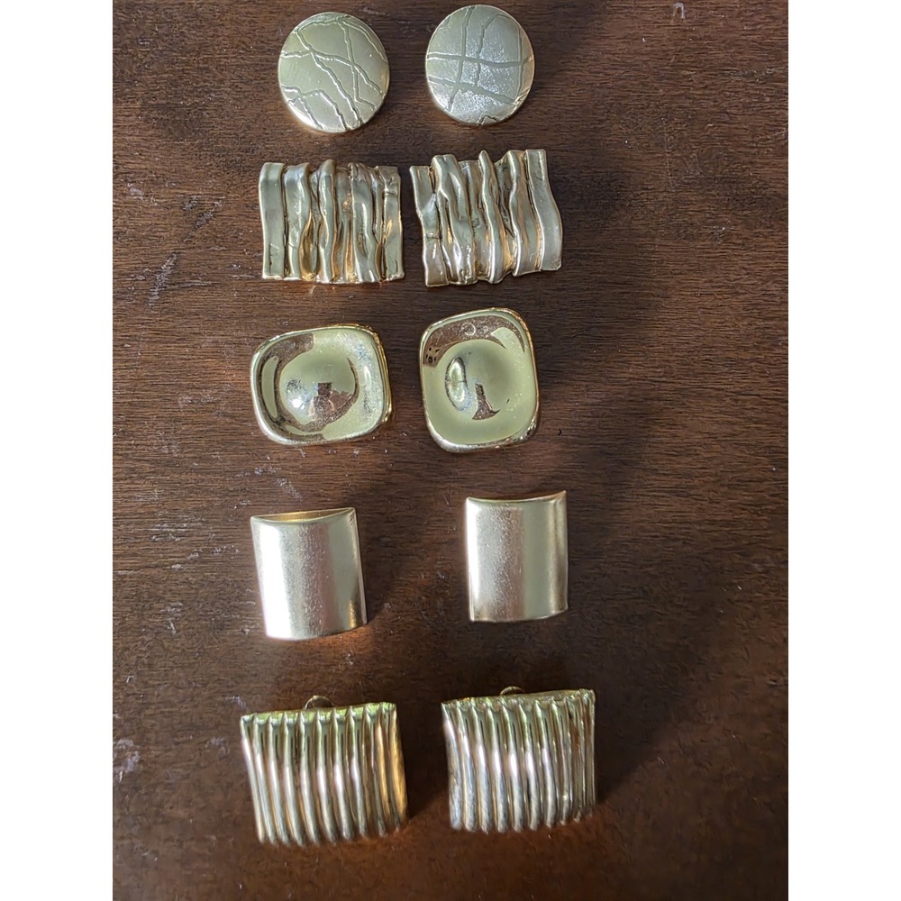 Vintage Gold Tone Clip On Earrings Lot 5 Pair Abstract Textured Statement 1980s